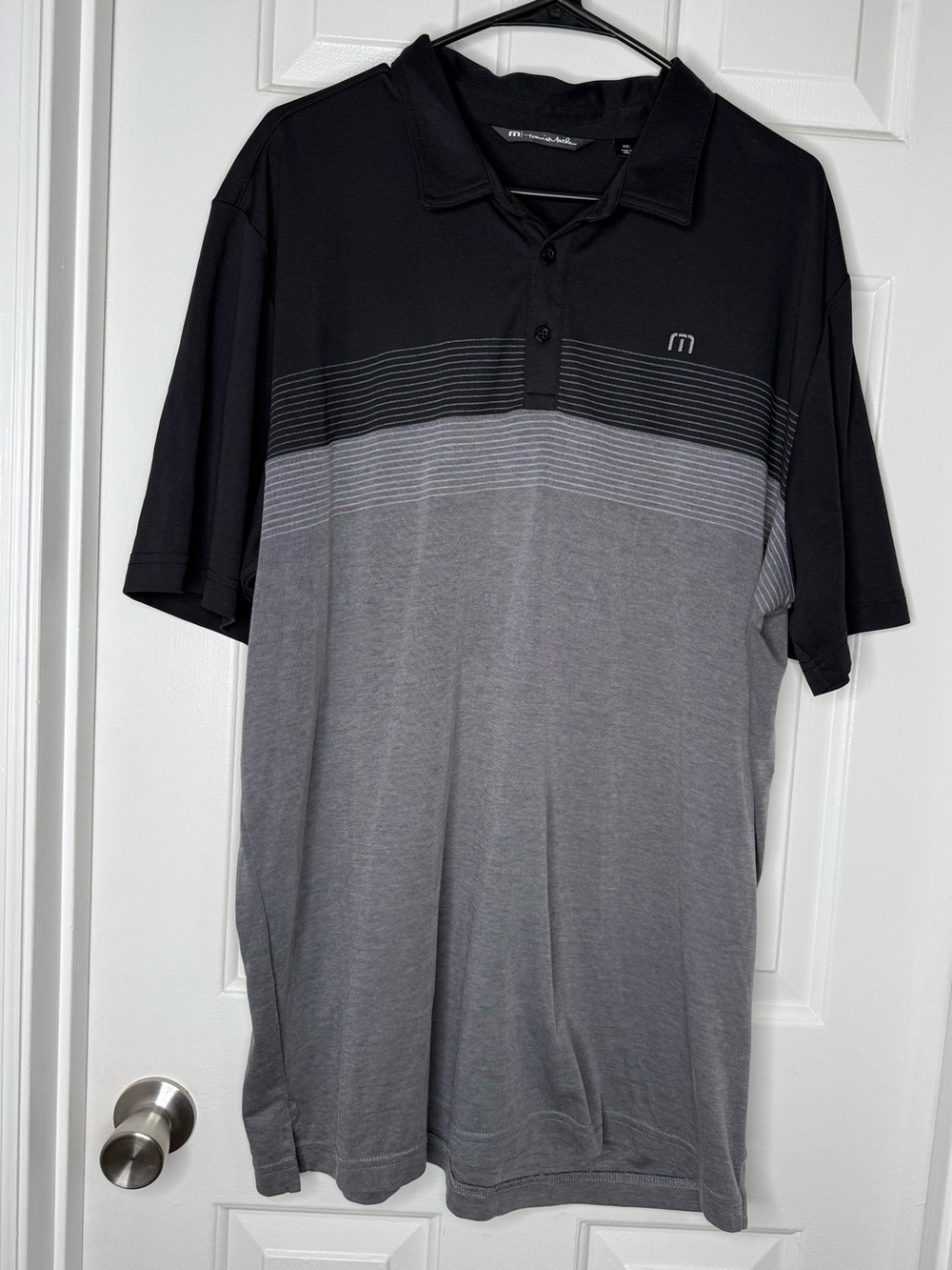 TravisMathew Black and Gray Striped Performance Polo